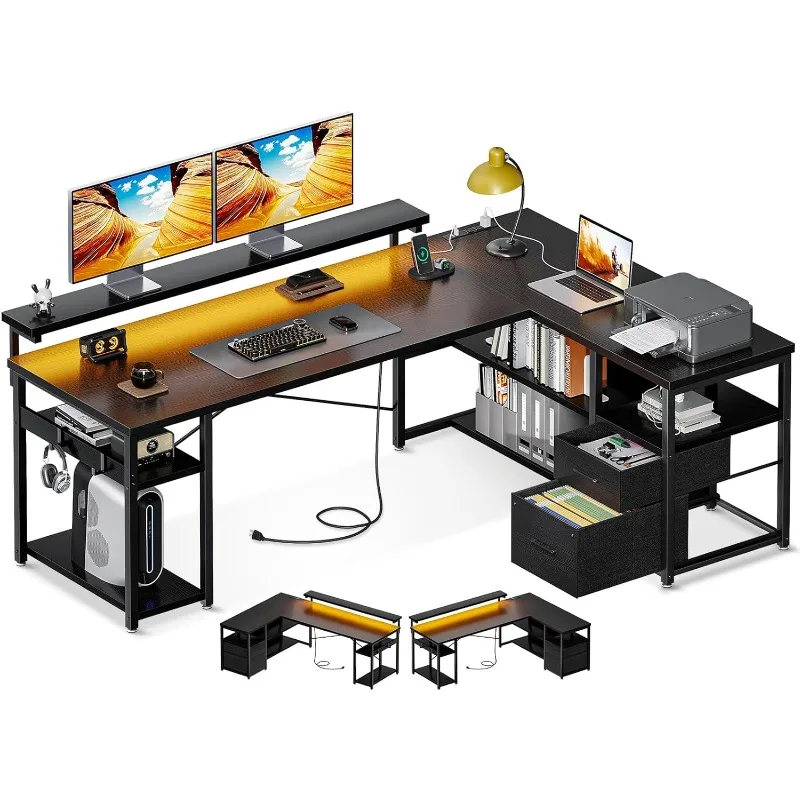 

L Shaped Gaming Desk with File Drawers, Reversible Computer Desk with Power Outlets & LED Lights, Home Office Desk