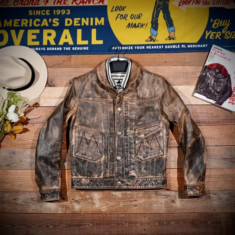 

Battle Damage Level! Olive Collar American Retro Mister Freedom Argentine Cowhide Leather Jacket Denim Leather Jacket