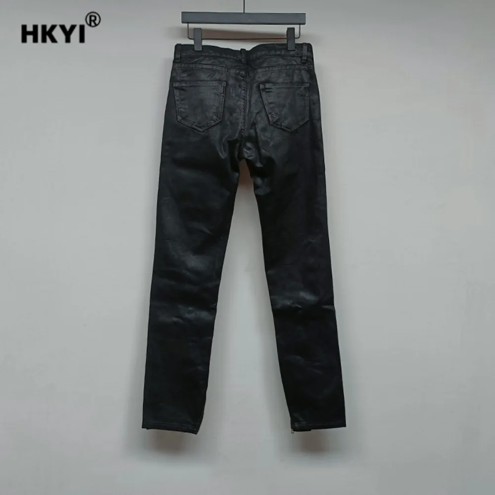 HKYI الرجال السراويل الشمع نحى الشمع نمط مزدوجة سستة قابل للتعديل الجينز الأسود شارع العليا السراويل الشمع السراويل الرجال الجينز