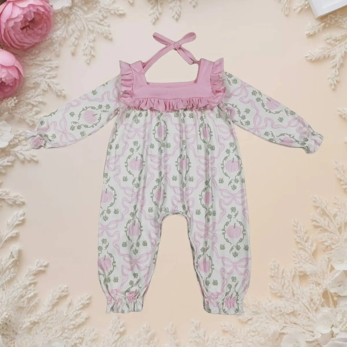 

Thanksgiving Toddler Baby Girl Romper Newborn Cozy Fall Long Sleeve Crew Neck Button Pink Plaid Jumpsuit with Pumpkins and Bows