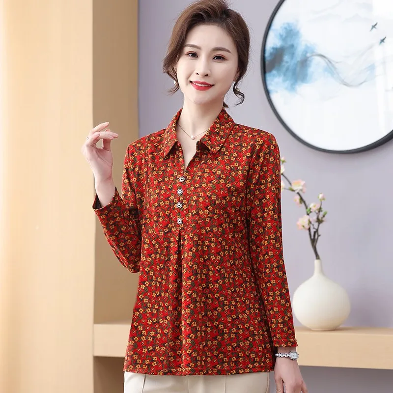 Female Clothing Vintage Broken Flowers Shirt Casual Folds Spliced Spring Autumn Polo-Neck Buckle Midi Blouse