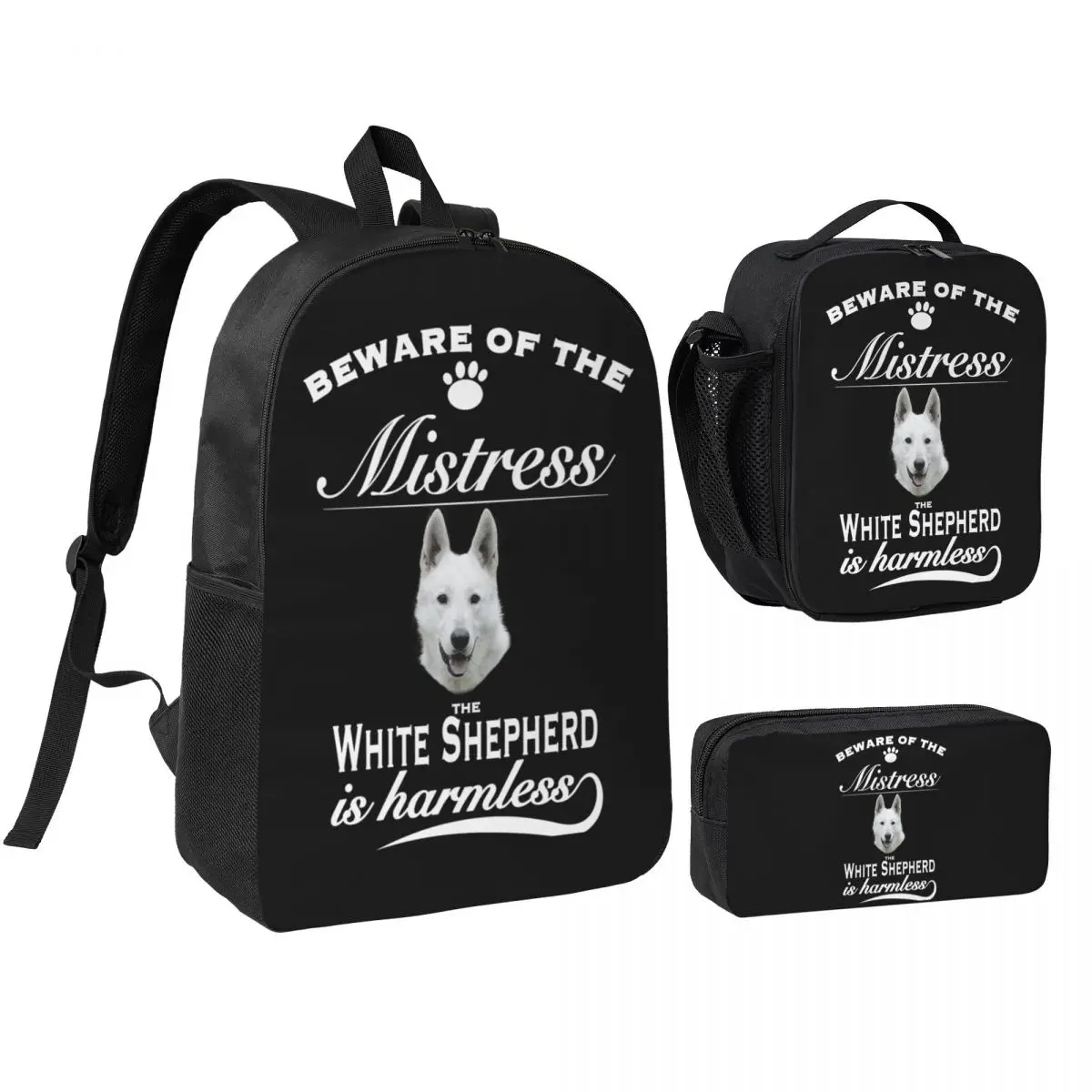 

White German Shepherd Dog Backpack Student BookBag School Bag Shoulder Bags 3ps Insulated Lunch Bag Pencil Case