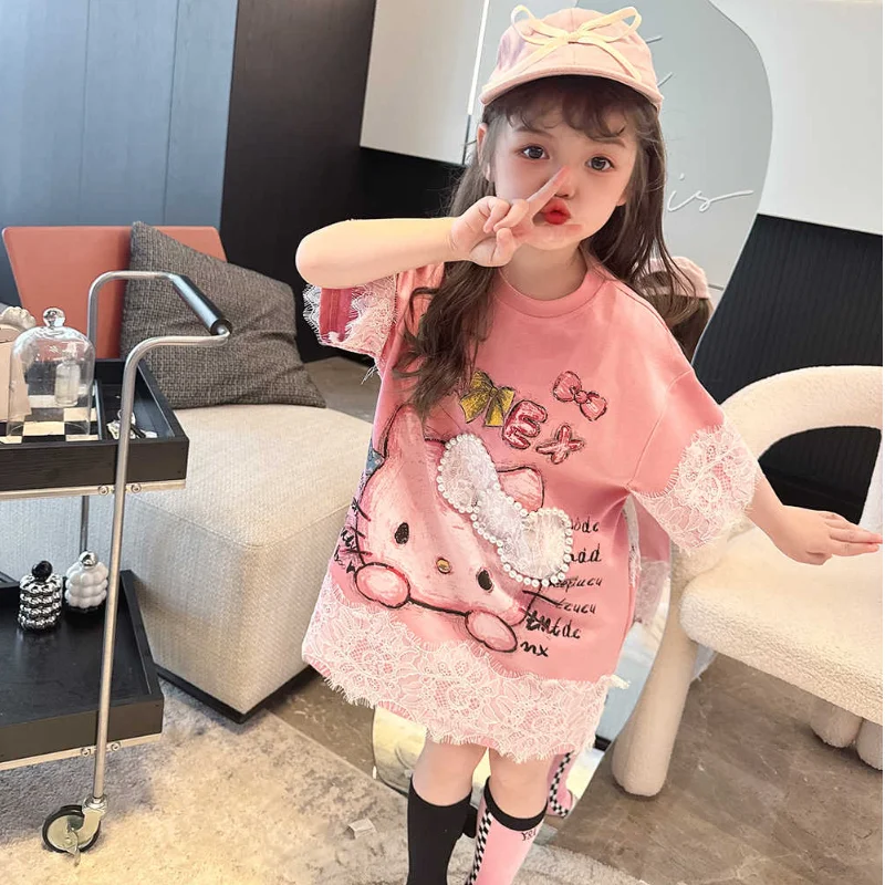 

Sanrio Hello Kitty Dress Girl Clothes Kawaii Kids Japanese Style Princess Dress Tshirt Skirt Summer Dresses Children Clothing