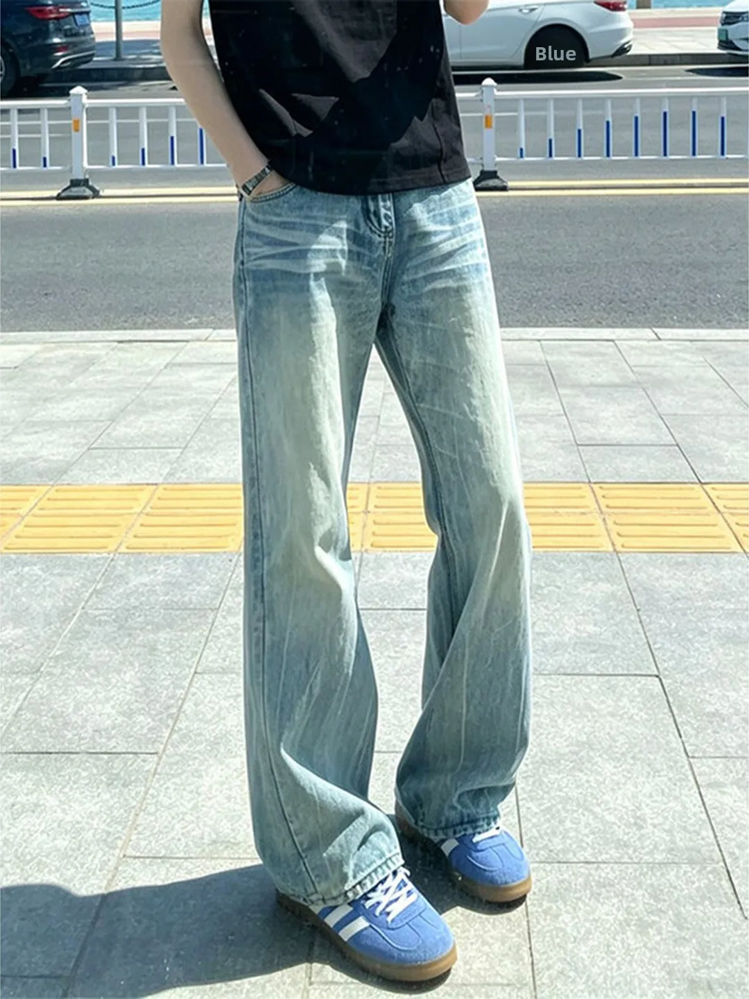 

Cleanfit Light Blue Lightning Pattern Flared Jeans Straight Leg Knife Thin Summer American High Street Jeans for Men And...