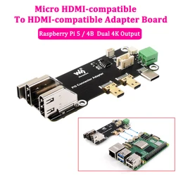 Placa adaptadora Micro HDMI compatible con HDMI, fuente de alimentación de soporte de dos métodos, salidas duales 4K para Raspberry Pi 5 / 4B