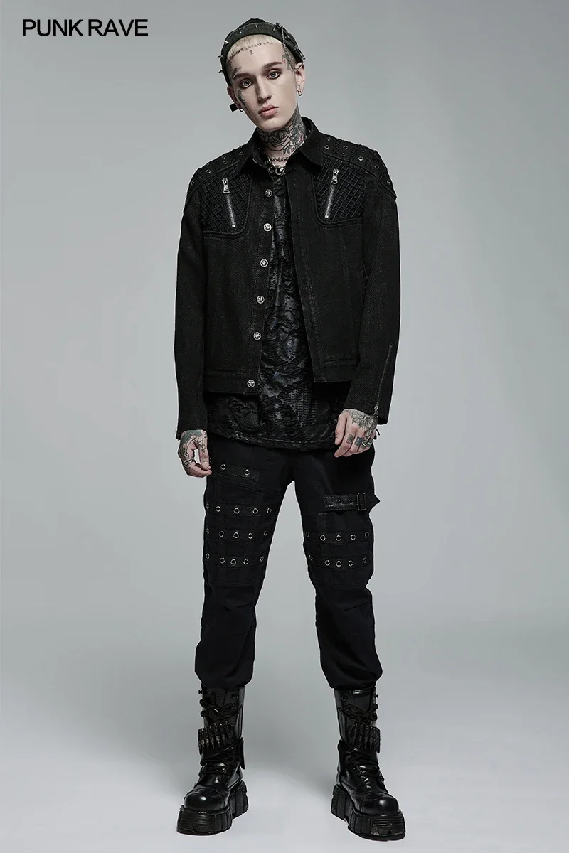 PUNK RAVE Men’s Punk Rugged Slim Fitting Jacket Casual Black Shirts Men Clothing   Four Seasons Spring/Autumn