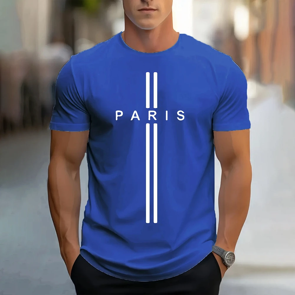 Fashion Men\'s Paris Letter Print T-Shirt Casual Solid Color Short Sleeve T-Shirt Clothing Summer Plus Size Loose O-Neck T-Shirts