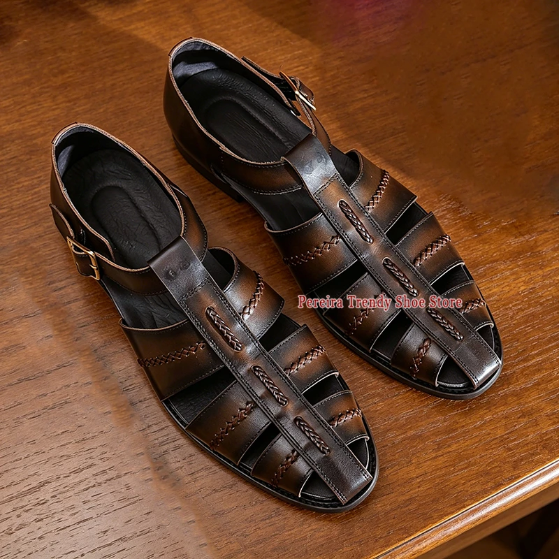 Men's Retro Cowhide Roman Sandals Summer Breathable Open Toe Hollow Belt Buckle Casual Shoes British Style Party Male Shoes - view 4