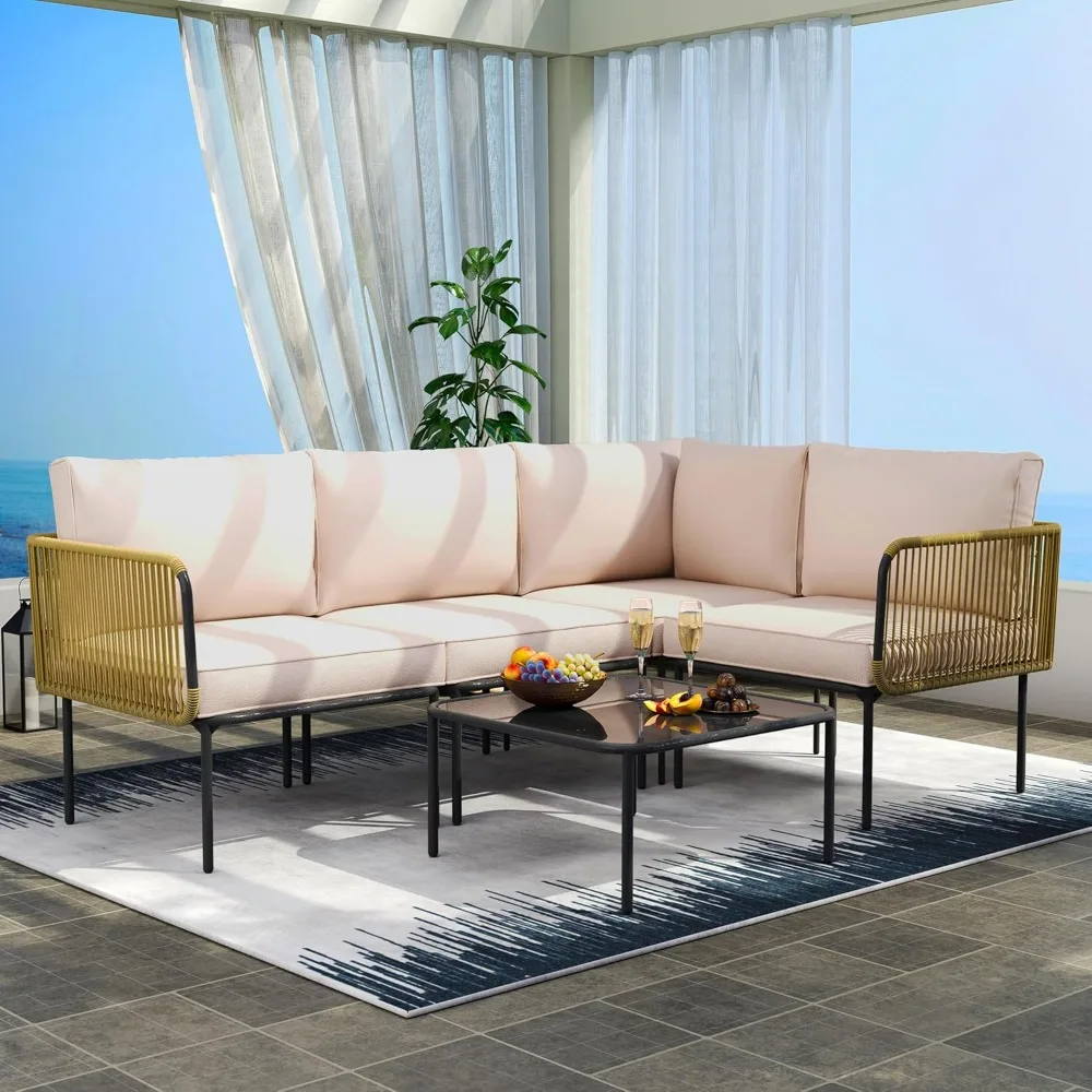 

5-Piece Wicker Patio Set: L-Shaped Sectional Sofa with 5-Seater Rattan Conversation Set for Backyard & Balcony​