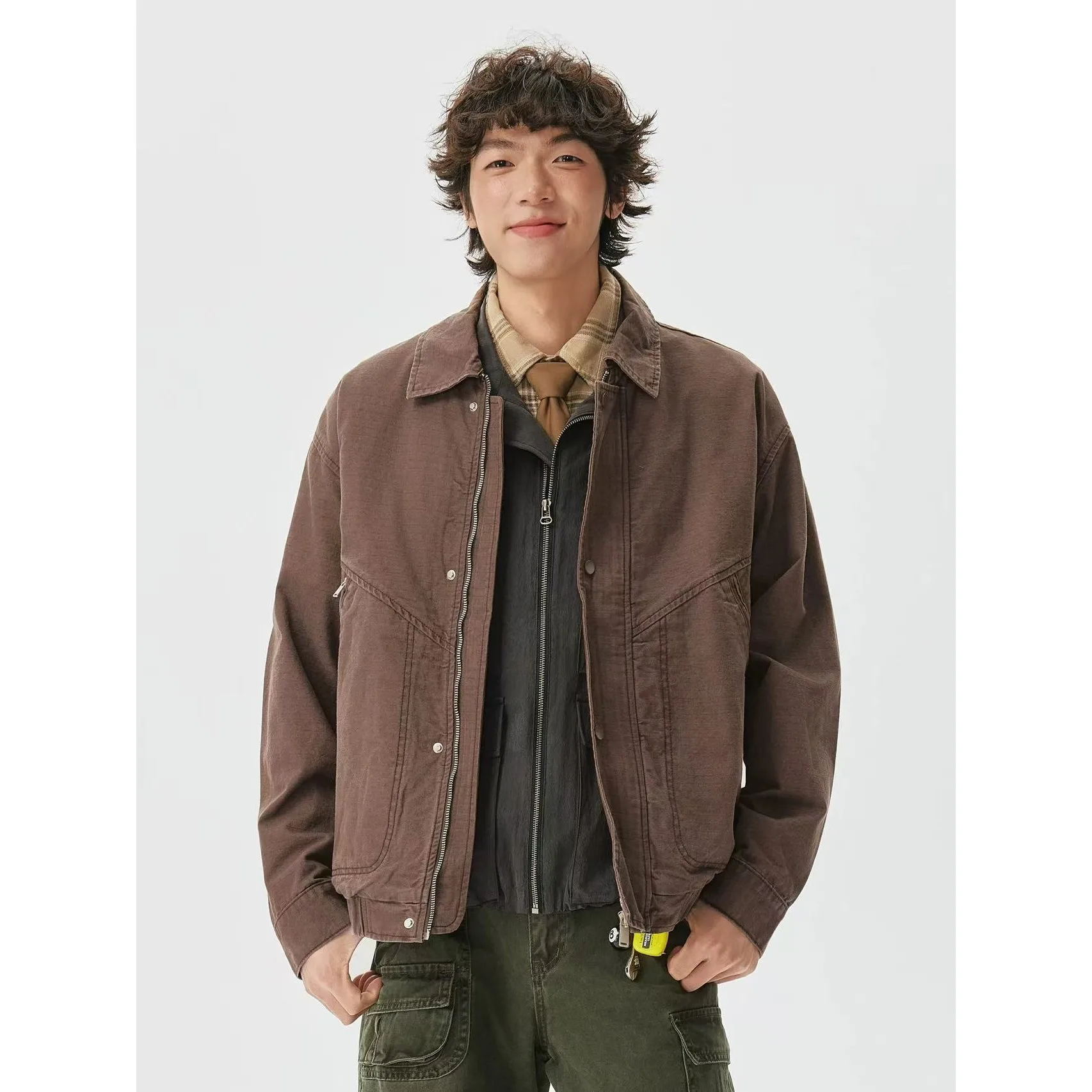 

Men Washed Cotton Streetwear Fashion Loose Casual Techwear Cargo Jacket Cityboy Spring Autumn Plus Size Track Bomber Jacket Coat