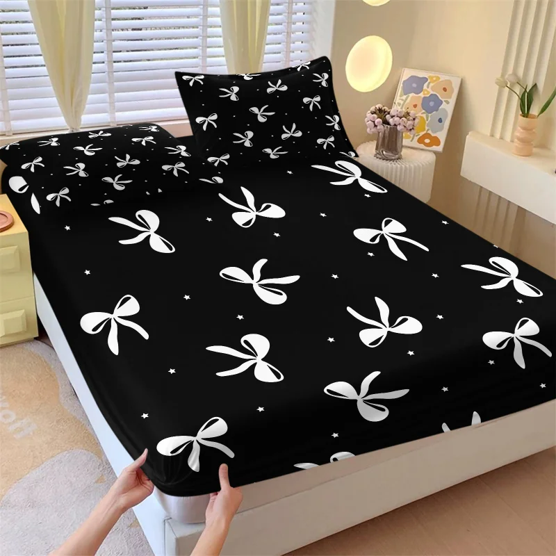 Girly Black White Bow Print Fitted Sheet Set Coquette Silhouette Ribbon Bedding Soft Pillowcases Aesthetic Home Decor All Sizes