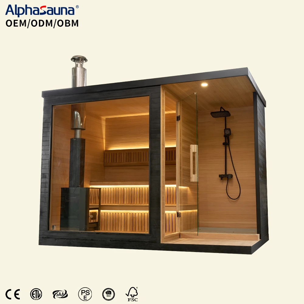 

Modern Outdoor Large Sauna Design Indoor- Outdoor Wooden Dry Sauna Shower Combo Wood Burning Stoves Beautiful Outdoor Sauna