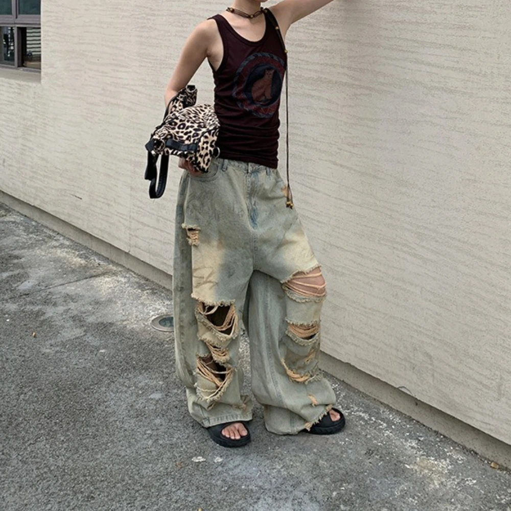 

Джинсовые широкие брюки, женские джинсы с дырками длиной до пола, с низкой талией, потертые женские рваные брюки 2025 года, уличная одежда, винтажные рваные брюки