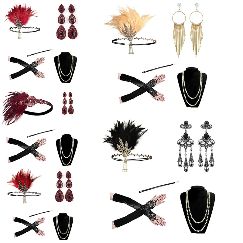 

Женские серьги для косплея «Великий Гэтсби» и повязка на голову с перьями, винтажный аксессуар 1920-х годов с мундштуком