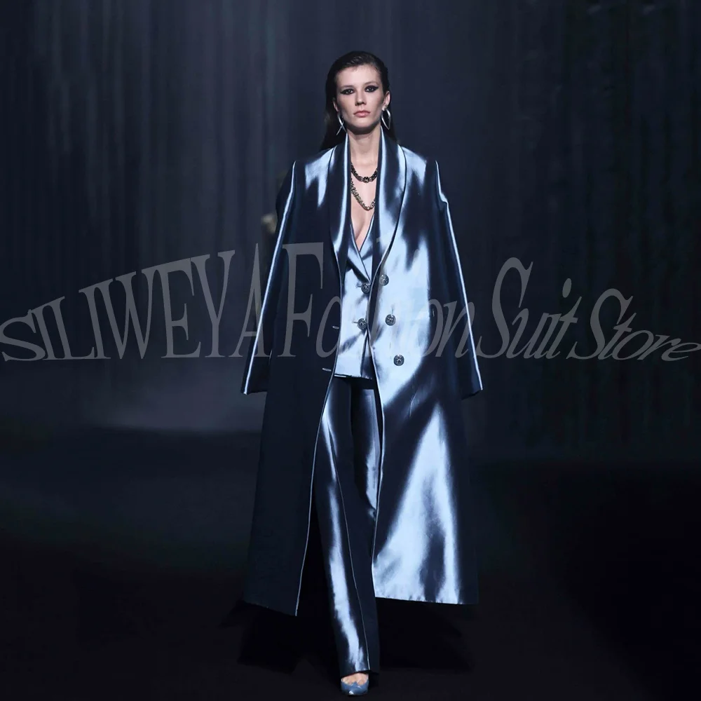 Luxury Sky Blue Satin 3 Pieces Suit For Women Smart Casual Stylish New Style Pants Set Elegant High -end Long Blazer+Jacket+Pant