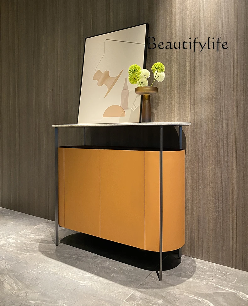 Italian Minimalist Marble Sideboard Cabinet Light Luxury Designer Model Orange Saddle Leather Double Door Locker