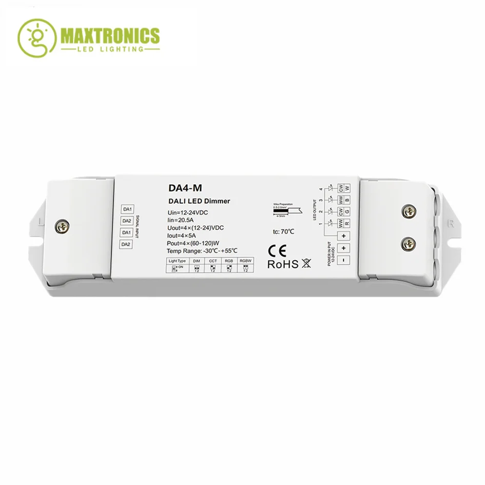 New 12V-24VDC 4CH DALI Dimmer 1 Address/4 Channel/DT8 or DT6/Constant voltage/PWM Dimming For Single Color/CCT/RGB/RGBW LED Tape