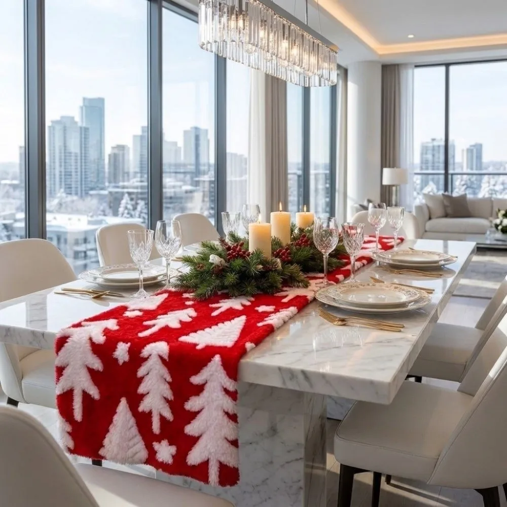 Practical Soft Christmas Tree Print Table Runner Reusable Rectangular Holiday Table Flat Festival Dinning Table Cover Winter