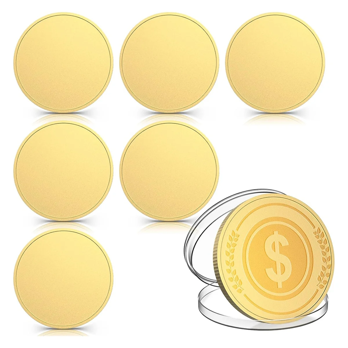 6Pcs Blank Challenge Coins, Acrylic Protective Box Laser Engraved Patterns for DIY Crafts Birthday Travel Gold