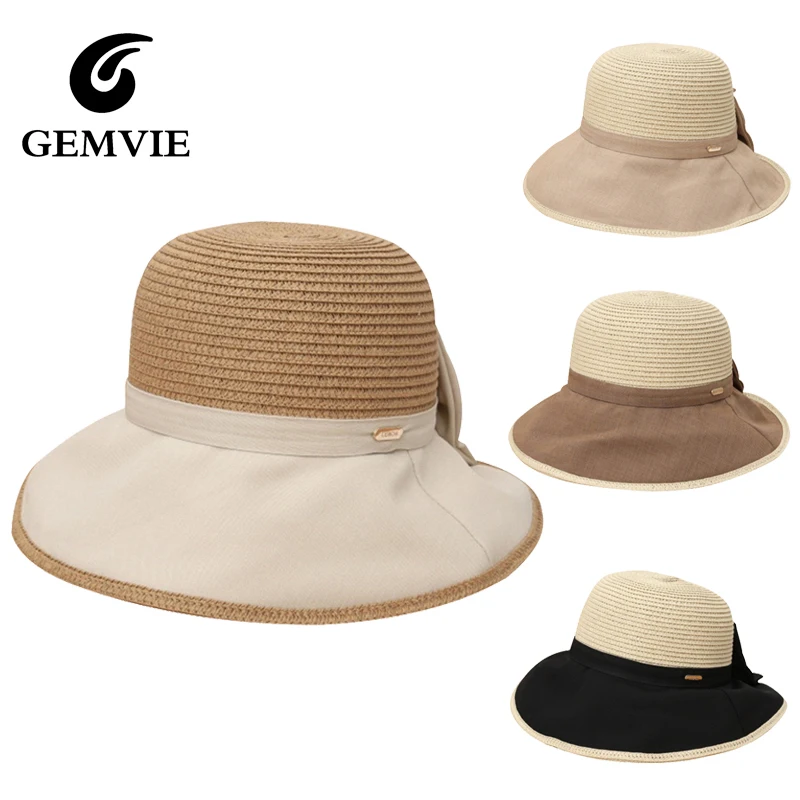 GEMVIE Eleganter Damen-Bucket-Hat mit breiter Krempe, faltbar, Sommer-Sonnenhut aus Papierstroh mit Schleife für den Strand