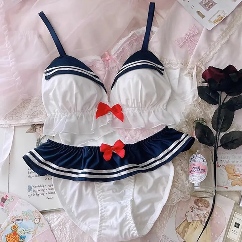 Kawaii женский комплект с бюстгальтером в стиле аниме Loli, нижнее белье, женский мягкий комплект для девочек, темно-синий, милый, без стального кольца, подростковый костюм моряка, комплект с бюстгальтером, подарок