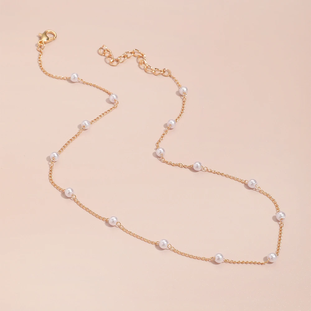 1Pcs New Jewelry Fashion Imitation Faux Pearl Clavicle Chain Choker Simple Design Metal Beaded Hollow-out Women\'s Decor Necklace
