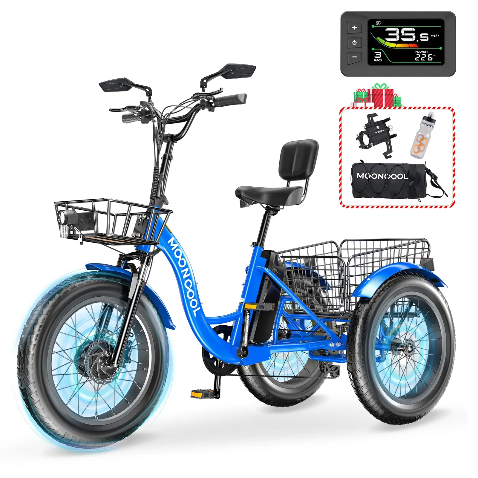 20" Electric Trike Tricycle Fat Tire Electric Trike E-Bike Peak 1000W