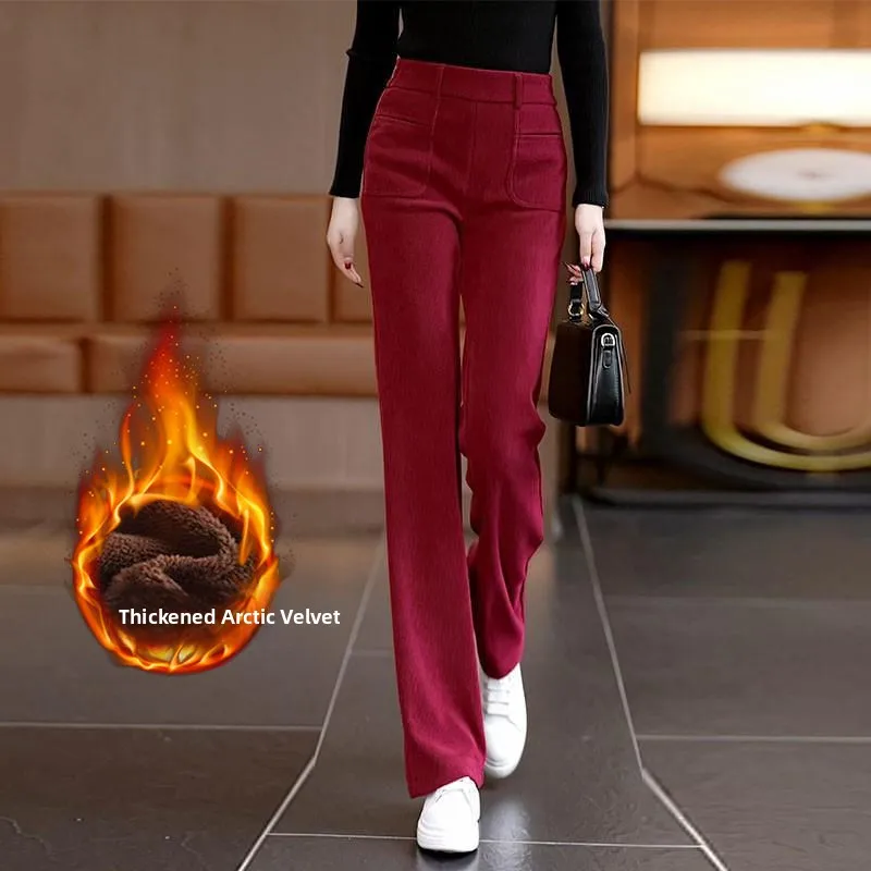 

Вельветовые брюки-клеш с высокой талией на подкладке, женские облегающие длинные брюки, осень-зима, новые повседневные брюки