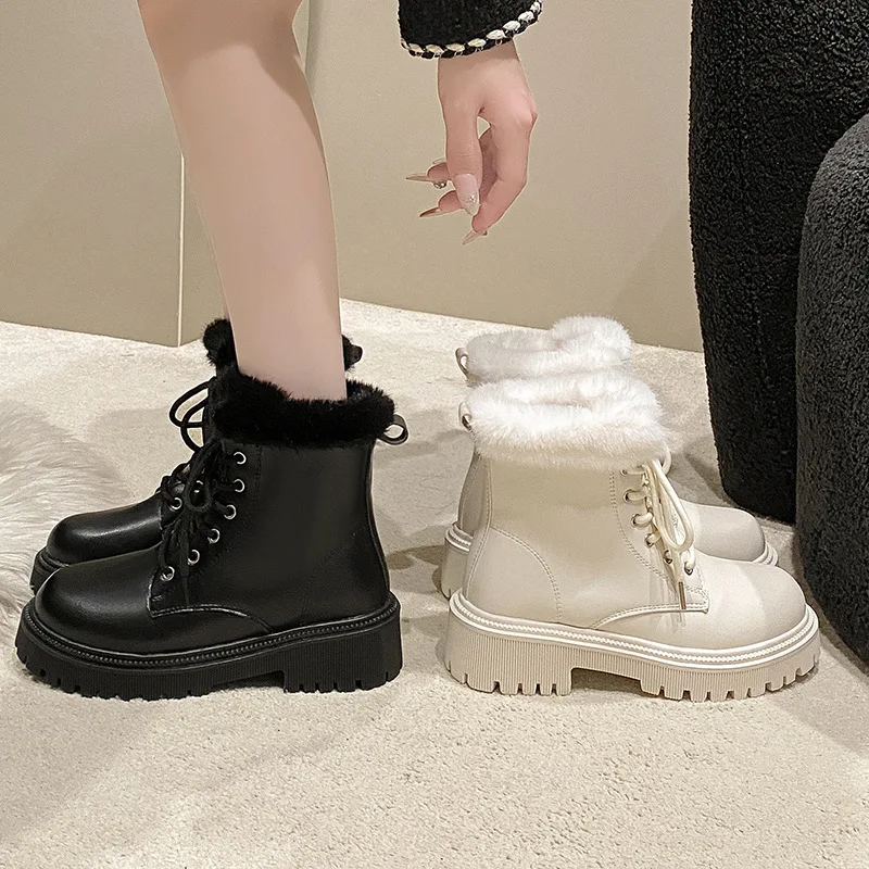 

Faux Fur Warm Winter Boots Women Chunky Platform Plush Snow Boots Woman Pu Leather Lace-Up Thick Bottom Cotton Ankle Booties