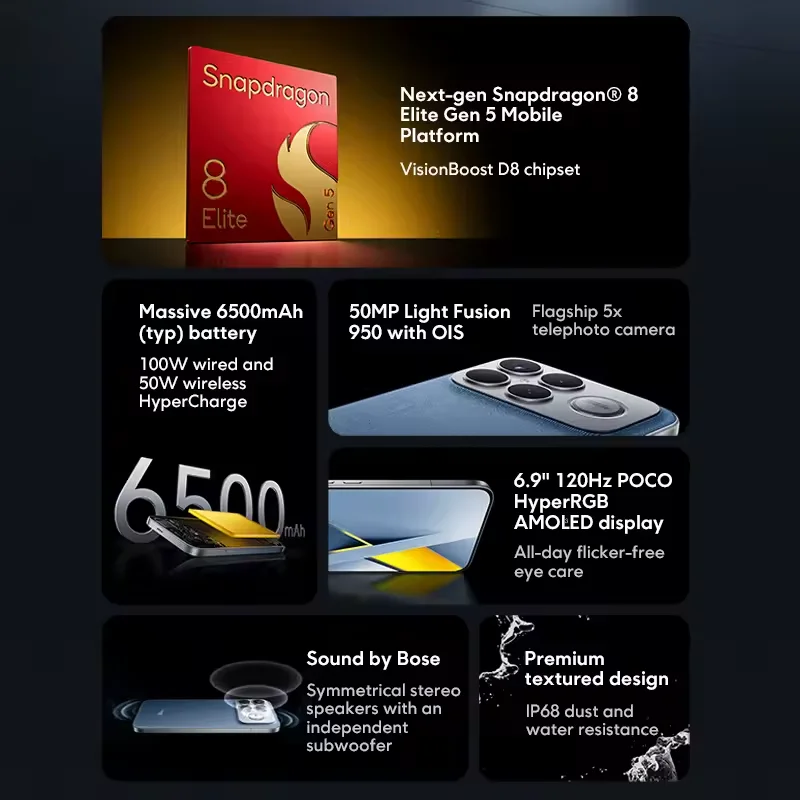 POCO F8 Ultra 5G 글로벌 버전 NFC 스마트폰 스냅드래곤 ® 8 엘리트 5세대 6500mAh 배터리 100W 하이프차지 6.9인치 120Hz 디스플레이 50MP
