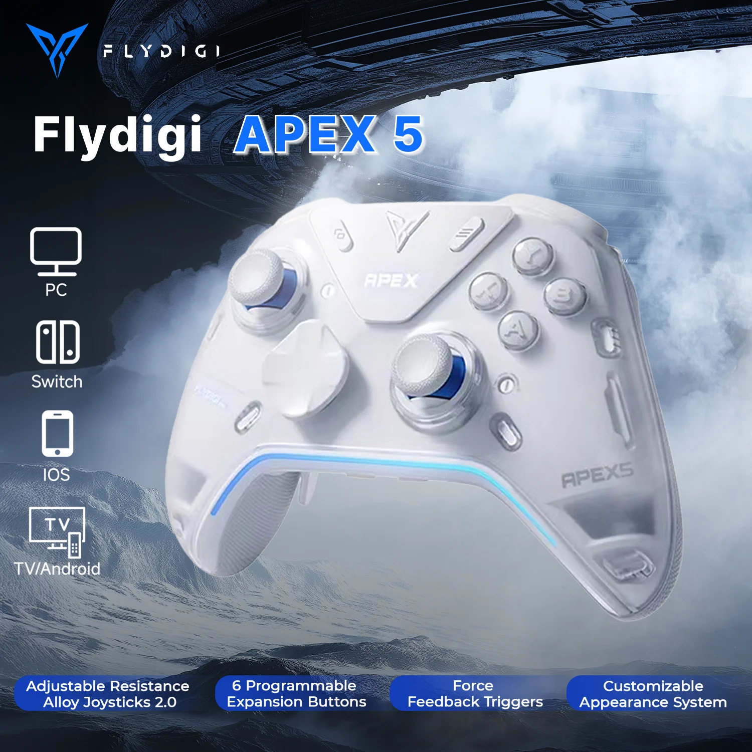 

Gamepad Flydigi APEX 5 Game Controller Adjustable Joysticks Force Feedback Triggers RGB Multi-Platform For PC Switch Android IOS