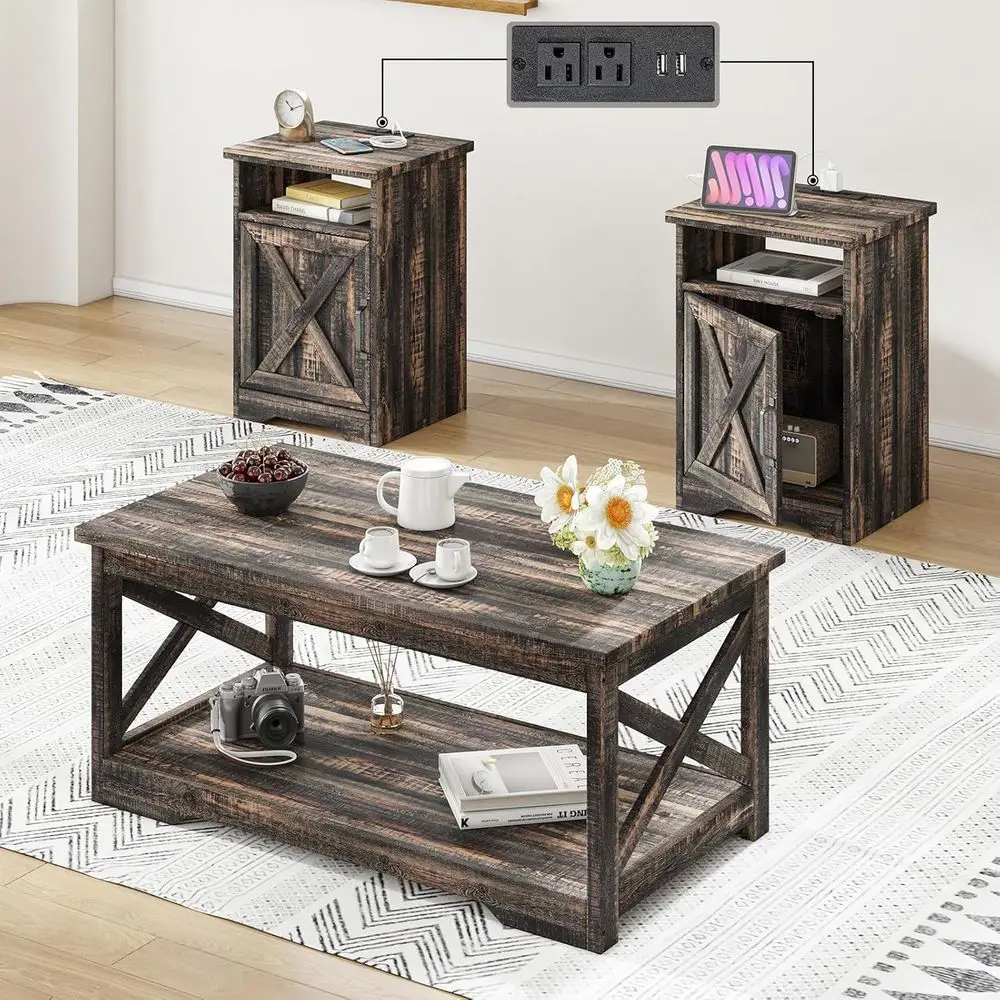 

3-Piece Living Room Table Set: Coffee Table, 2 End Tables, with Charging Station & USB Ports, in Oak Finish
