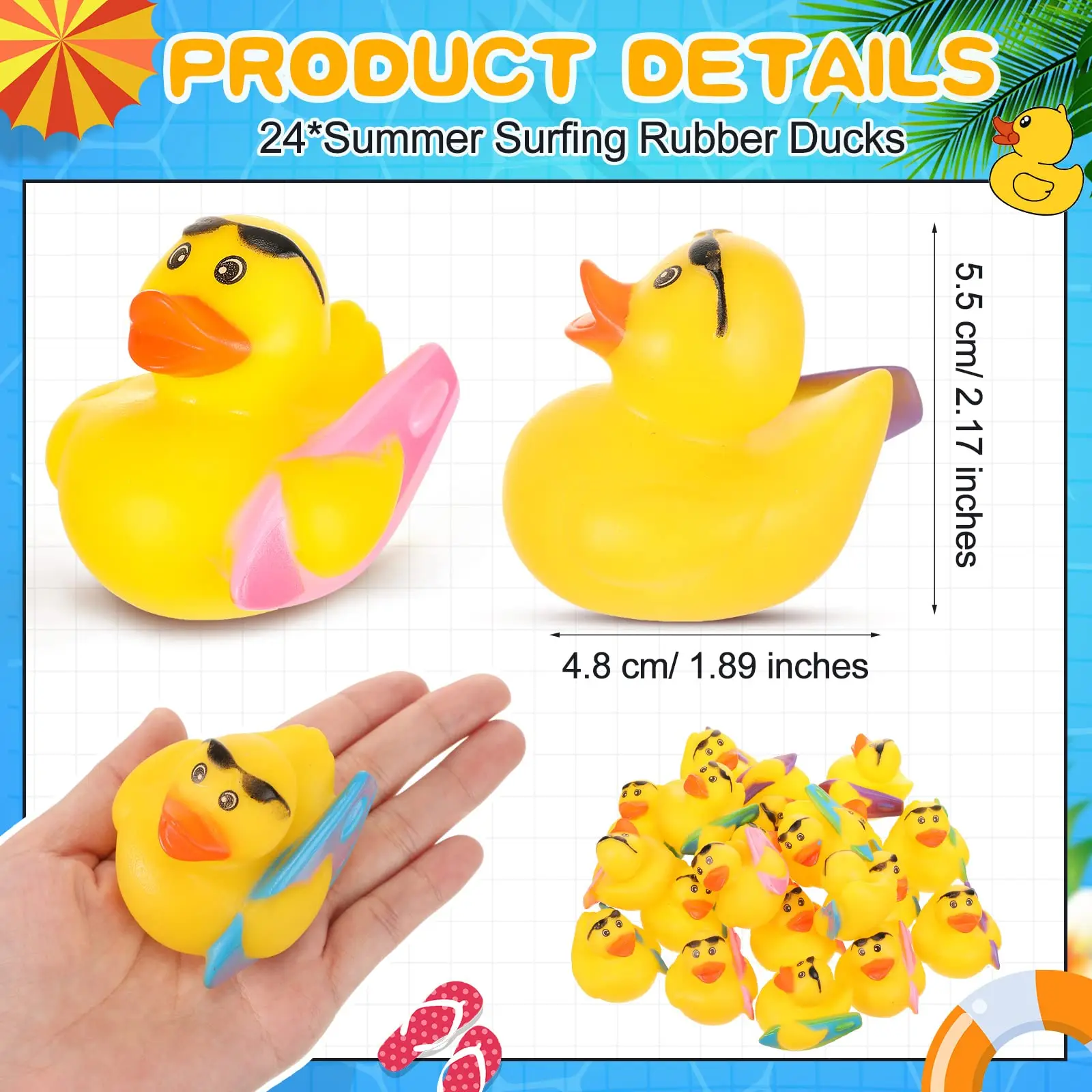 48PCS Summer Surfing Small Rubber Ducks Bulk Rubber Duckies Mini Rubber Ducky Bathtub Toys for Birthday Beach Theme Party Favor