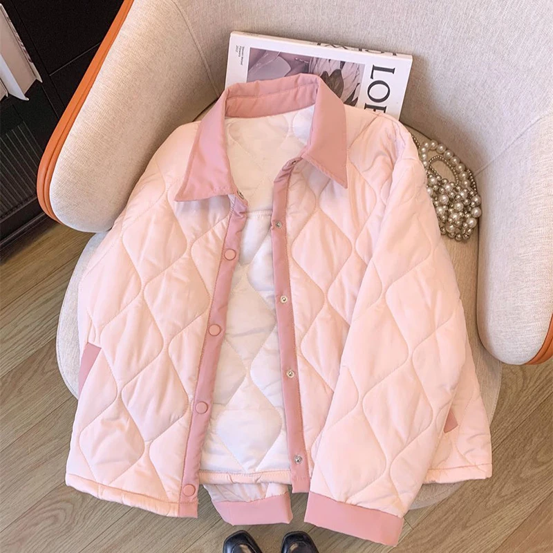 Sweet Pink Women Quilted Jacket Diamond Padded Snap Button Coat Contrast Trim Loose Winter Warm Outerwear Top
