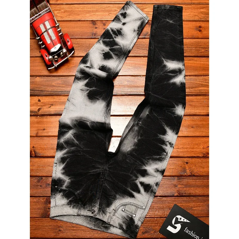 Fashionable and personalized tie dye black and white mixed color design jeans men's stretch slim fit trend retro long pants