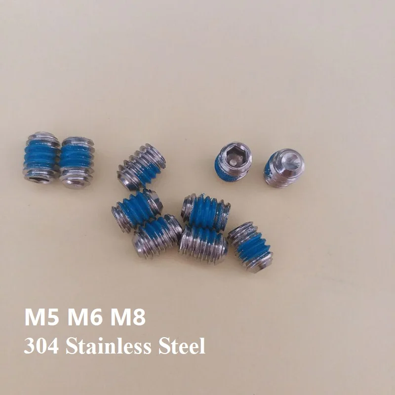 Length 4~50mm Blue Dispensing Anti-Loosening Screws Headless Hexagon Socket Grub Screw 304 Stainless Steel M5 M6 M8
