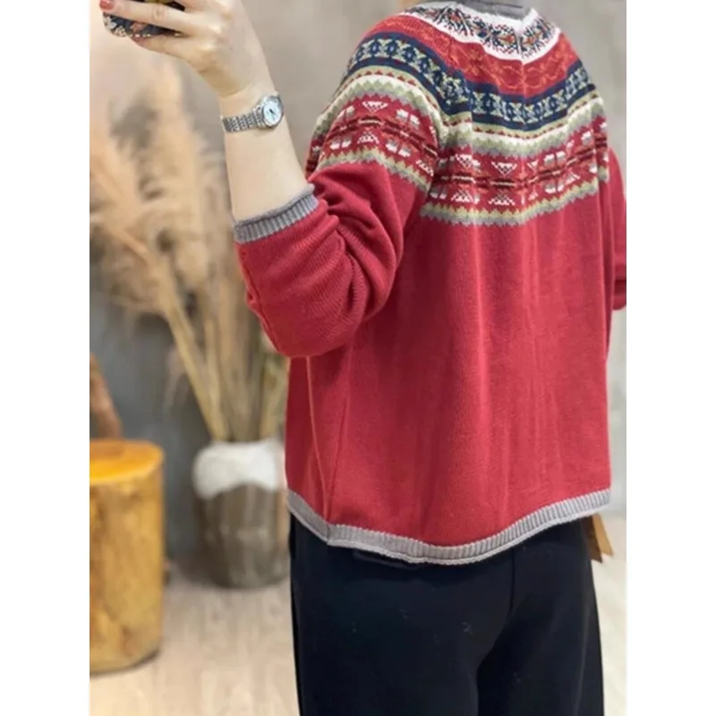 Retro knit sweater for women, casual and versatile jacquard cardigan, pure cotton jacket, new spring 2024