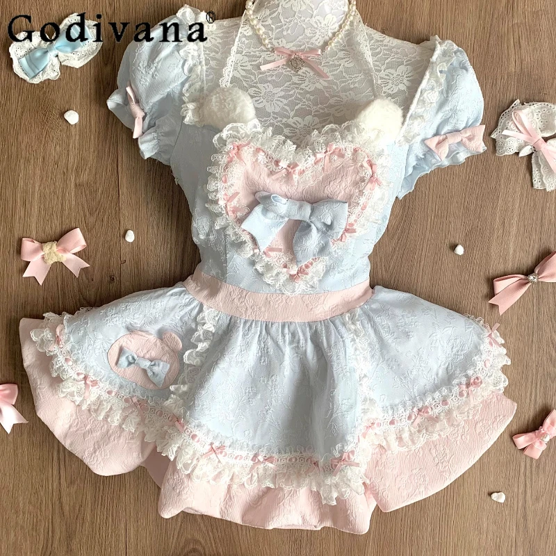 Sweet Cute Pink Blue Color Patchwork Dress with Unique Design Girls Lace Halter Neck Puffy Dress Women Waist Flower Bud Dress