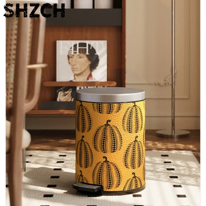 Stainless Steel Leather Trash CanHigh Appearance Level Table Trash Living Room Bedroom Double Layer with Covered Paper Basket