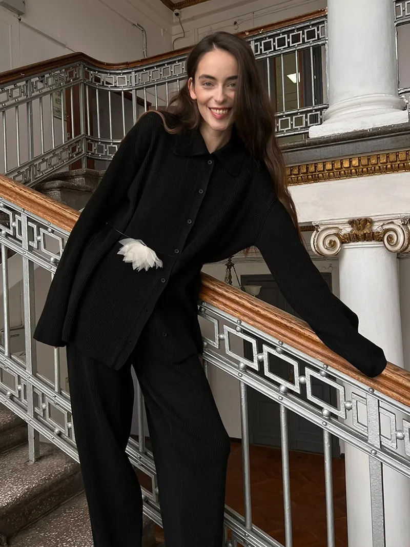 MSCSZ 2 Piece Sweater Pants Set For Women Button-Up Knitted Cardigan And Straight Trousers Matching Sets Fall Winter Outfit