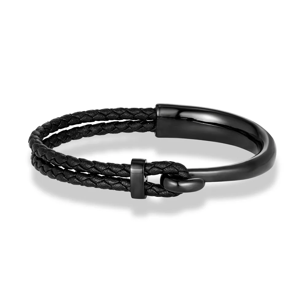 MKENDN Fashion Simple Style Black Braided Leather Bracelet Non-fading Steel Hook Classic Cuff Charm Bracelet for Men Male Gifts