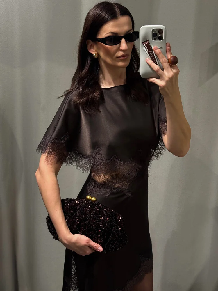 Sukienka damska HH 2026, modna, z krótkim rękawem, asymetrycznym krojem, koronkowymi zdobieniami, elegancka, uniwersalna, z okrągłym dekoltem.