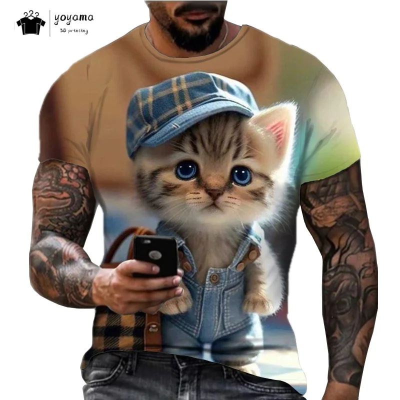لطيف القط الرجال الجرافيك تي شيرت الصيف الشارع الرجال بلايز المألوف تنفس الرجال قصيرة الأكمام عادية الجولة الرقبة ملابس للرجال