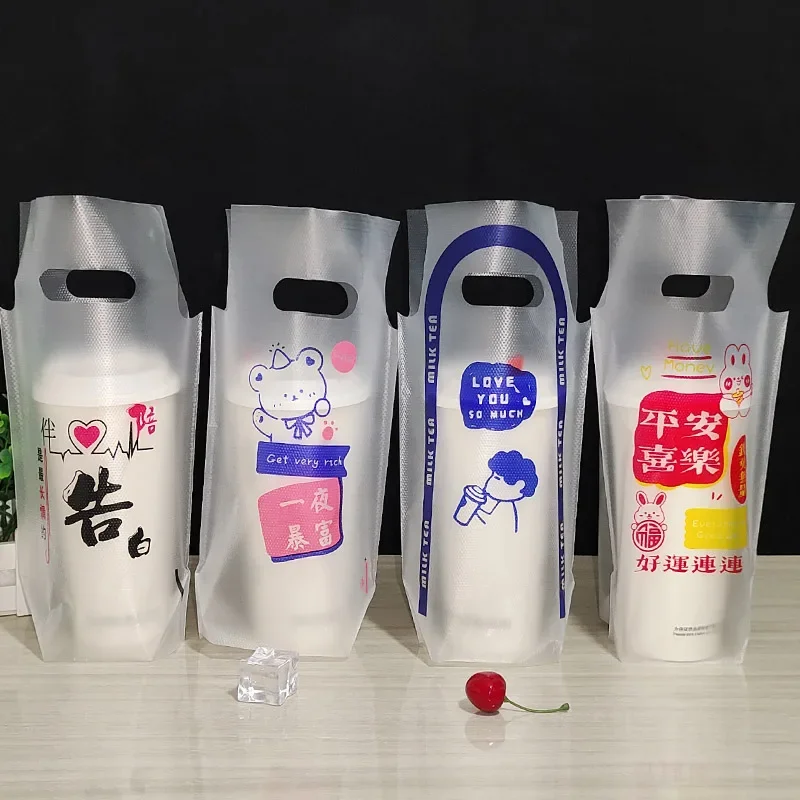 

Disposable Takeaway Milk Tea Beverage Bags Embossed Frosted Plastic Handbag Cartoon Printed Single Cup Double Cup Juice Pocket