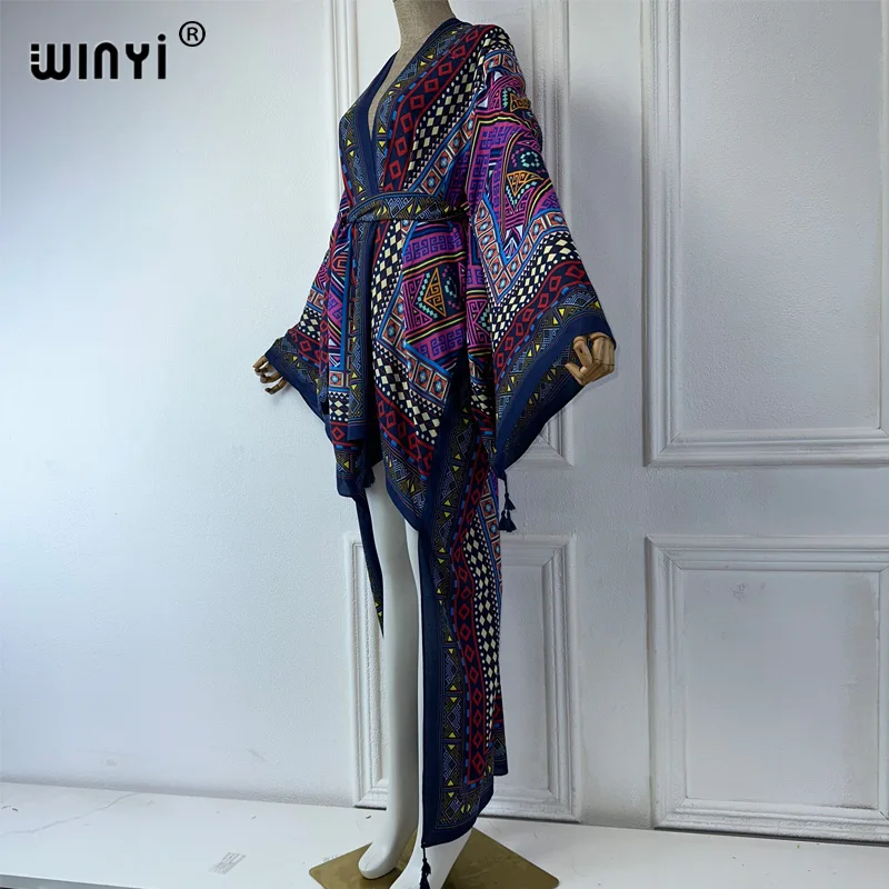 WINYI Summer Beach Wear Cover Up Lady Boho Cardigan printing elegant sexy Holiday Kimono maxi dress abaya dubai luxury