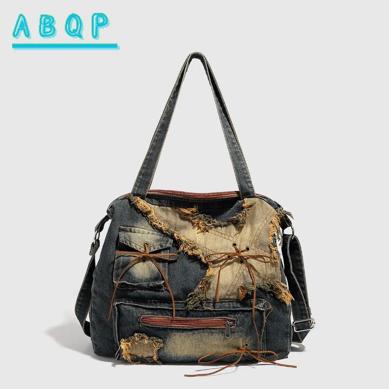 

Женская сумка через плечо, модные потертые джинсовые сумки в стиле ретро, новинка 2023 года, универсальная портативная сумка-мессенджер, сумка большой вместительности