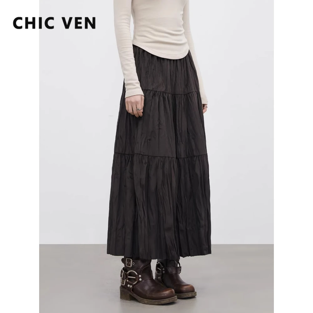 CHIC VEN Fashion Women Long Skirt Loose Casual New Elastic Waisted Velvet Pleated A-line Large Hem Skirt Spring Autumn 2026