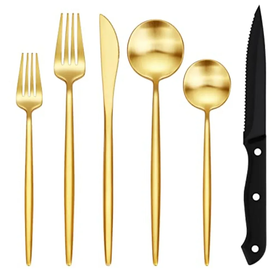 

48-Piece Matte Gold Silverware Set with Steak Knives for 8 Stainless Steel Gold Cutlery Utensils Set in Satin Finish Dishwasher
