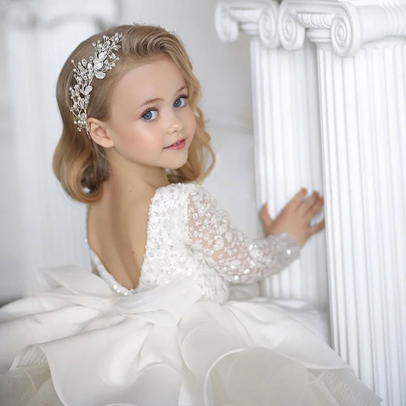 Formal Long Sleeve Sequins Lace Wedding Princess Dress Birthday Evening Bow Kids Dress for Girl Bridesmaid Children Fluffy Gown