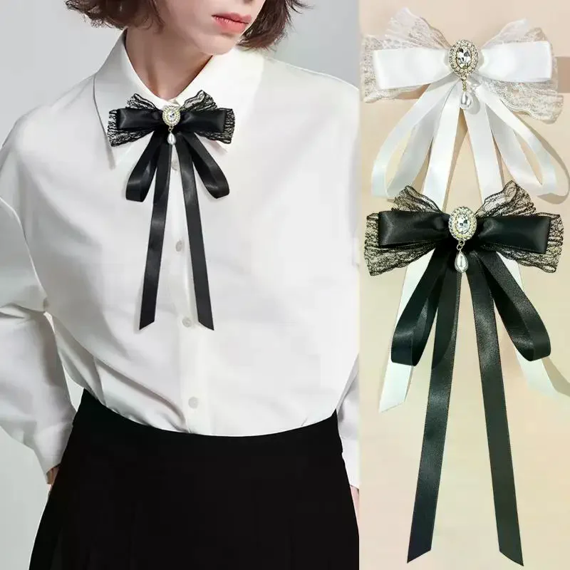 New Black Bow Tie Shirt Collar Pins Crystal Bowknot Ribbon Brooches For Women Wedding Party Necktie Accessories